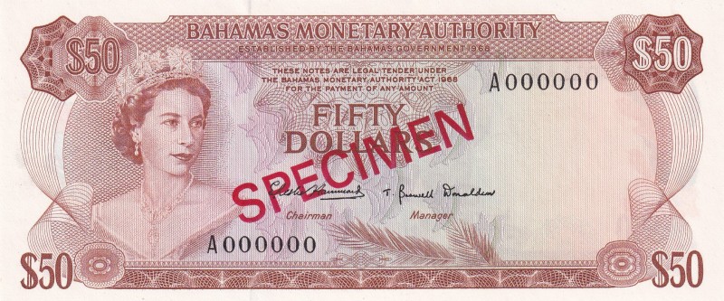 Bahamas, 50 Dollars, 1968, UNC,p32s, SPECİMEN

Serial Number: A 000000
Estima...