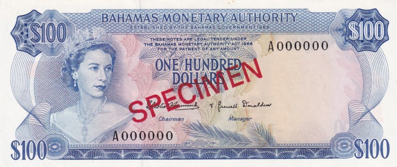 Bahamas, 100 Dollars, 1968, UNC,p33s, SPECİMEN

Serial Number: A 000000
Estim...