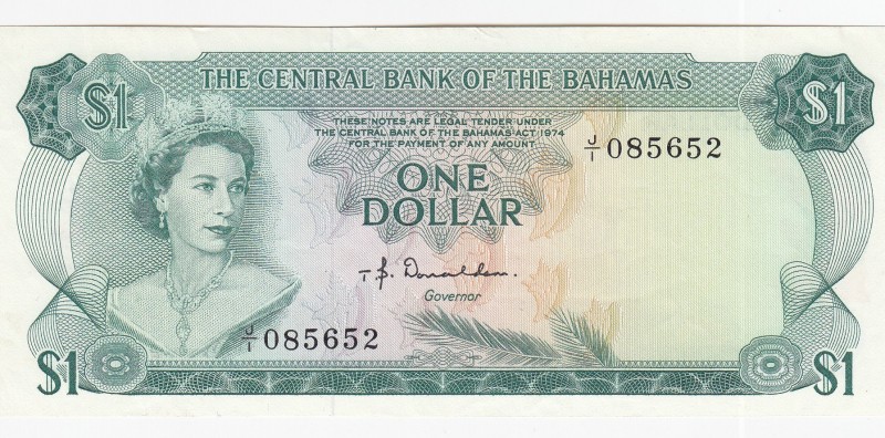 Bahamas, 1 Dollar, 1974, AUNC,p35a
Portrait of Queen Elizabeth II
Serial Numbe...
