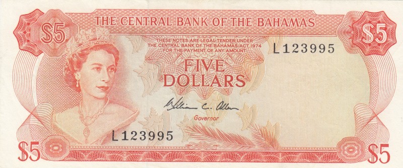 Bahamas, 5 Dollars, 1974, AUNC,p37b

Serial Number: L 123995
Estimate: 75 - 1...