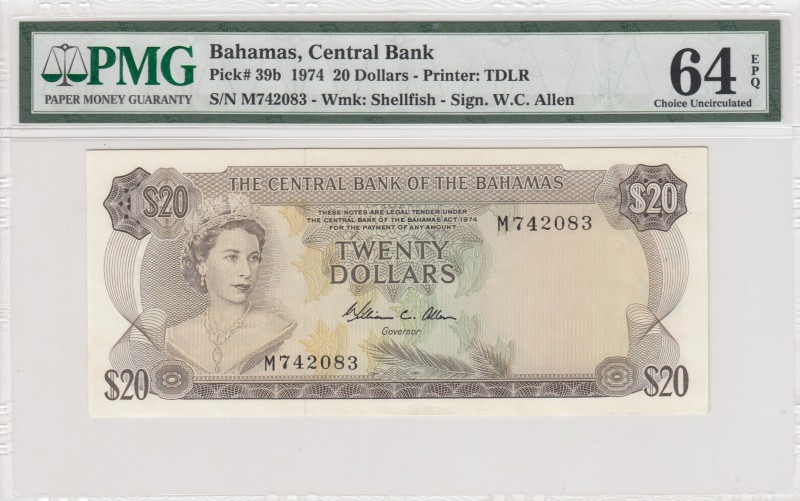 Bahamas, 20 Dollars, 1974, UNC,p39b
PMG 64 EPQ
Serial Number: M 742083
Estima...