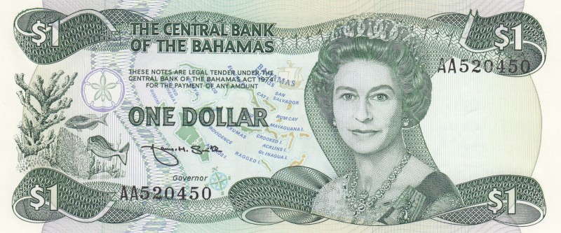 Bahamas, 1 Dollar, 1984, UNC,p43b
Queen II.Elizabeth potrait 
Serial Number: A...