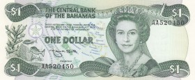 Bahamas, 1 Dollar, 1984, UNC,p43b
Queen II.Elizabeth potrait 
Serial Number: AA520450
Estimate: 25 - 50 USD