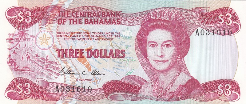 Bahamas, 3 Dollars, 1984, UNC,p44a
Queen II.Elizabeth potrait 
Serial Number: ...