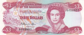 Bahamas, 3 Dollars, 1984, UNC,p44a
Queen II.Elizabeth potrait 
Serial Number: A012957
Estimate: 15 - 30 USD