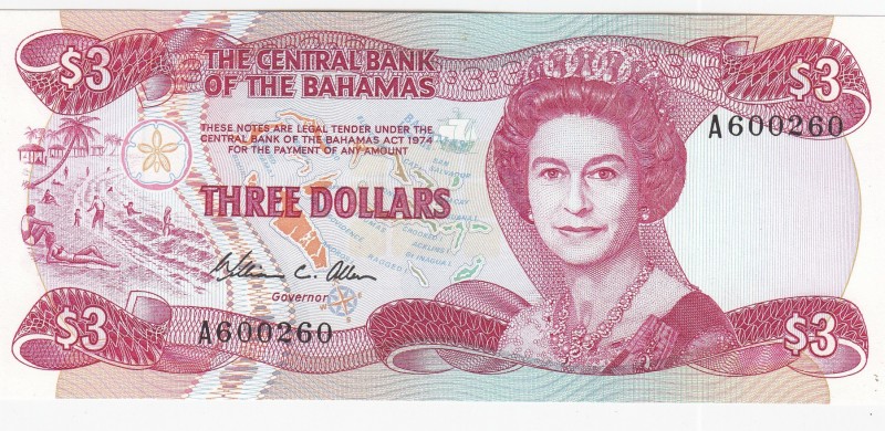 Bahamas, 3 Dollars, 1974, UNC,p44a
Portrait of Queen Elizabeth II
Serial Numbe...
