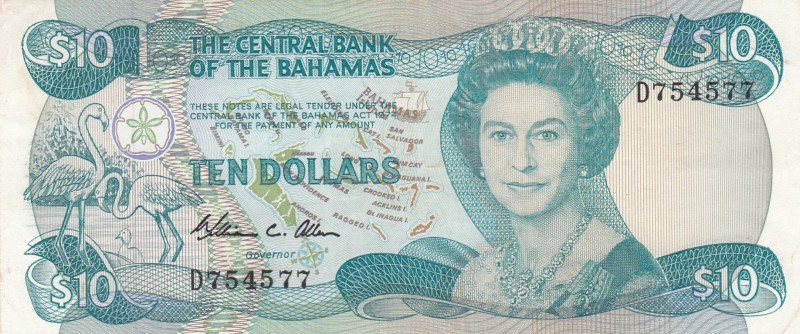Bahamas, 10 Dollars, 1984, XF,p46a
Queen II.Elizabeth potrait 
Serial Number: ...