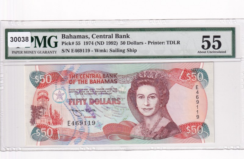 Bahamas, 50 Dollars, 1992, AUNC,p55
PMG 55
Serial Number: E 469119
Estimate: ...
