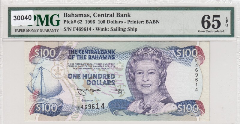 Bahamas, 100 Dollars, 1996, UNC,p62
Queen II.Elizabeth potrait PMG 65EPQ
Seria...