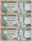 Bahamas, 1/2 Dollar, 2001, UNC (-),p68, (Total 3 banknotes)
Queen II.Elizabeth potrait 
Serial Number: A1431307, A1431308, A1431309
Estimate: 5 - 1...