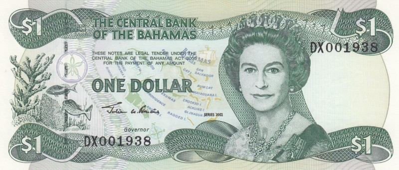 Bahamas, 1 Dollar, 2002, UNC,p70
Queen II.Elizabeth potrait 
Serial Number: DX...