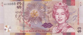 Bahamas, 3 Dollars, 2019, UNC,pNew
Queen II.Elizabeth potrait 
Serial Number: A016988
Estimate: 10 - 20 USD