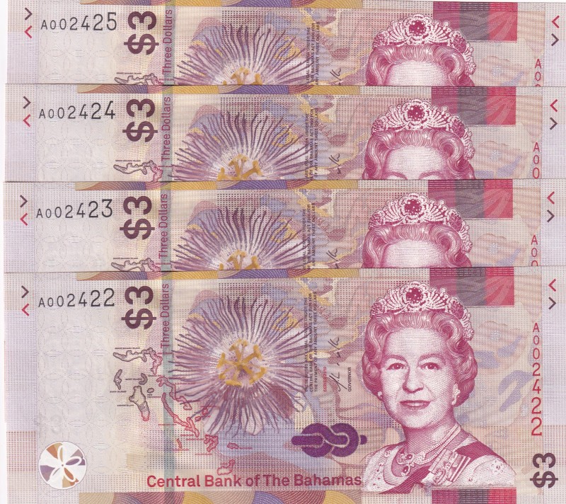 Bahamas, 3 Dollars, 2019, UNC,pNew, (Total 4 consecutive banknotes)

Serial Nu...