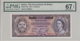 Belize, 2 Dollars, 1974, UNC,p34a
PMG 67 EPQ, Collector Series SPECIMEN, Portrait of Queen Elizabeth II
Serial Number: B/1 009031
Estimate: 375 - 7...