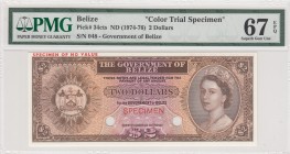 Belize, 2 Dollars, 1974-76, UNC,p34cts, COLOR TRAIL SPECIMEN
There is a hole on it. PMG 67 EPQ
Serial Number: 048
Estimate: 300 - 600 USD