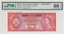 Belize, 5 Dollars, 1975-76, UNC,p35s, SPECIMEN
There is a hole on it. PMG 66 EPQ
Serial Number: 077
Estimate: 400 - 800 USD