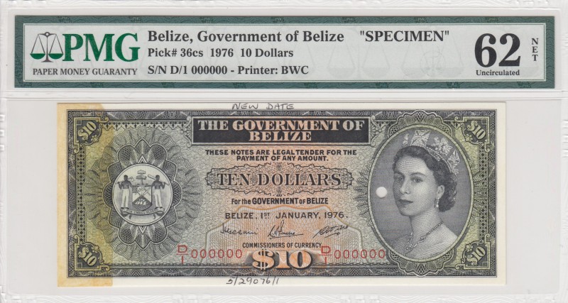 Belize, 10 Dollars, 1976, UNC,p36cs
There is a print mark, yellowing. PMG 62 NE...