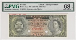 Belize, 10 Dollars, 1974-76, UNC,p36cts, COLOR TRAIL SPECIMEN
PMG 68 EPQ
Serial Number: 088
Estimate: 600 - 1200 USD