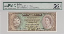 Belize, 20 Dollars, 1976, UNC,p37c
PMG 66 EPQ, Portrait of Queen Elizabeth II
Serial Number: E/3 362918
Estimate: 1750 - 3500 USD
