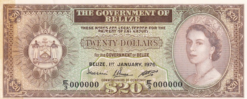Belize, 20 Dollars, 1976, AUNC,p37cs, SPECİMEN

Serial Number: E/3 000000
Est...