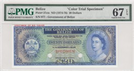 Belize, 20 Dollars, 1974-76, UNC,p37cts, COLOR TRAIL SPECIMEN
PMG 67 EPQ
Serial Number: 077
Estimate: 600 - 1200 USD