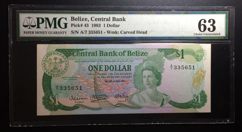 Belize, 1 Dollar, 1983, UNC,p43
PMG 63
Serial Number: A/7 335651
Estimate: 50...
