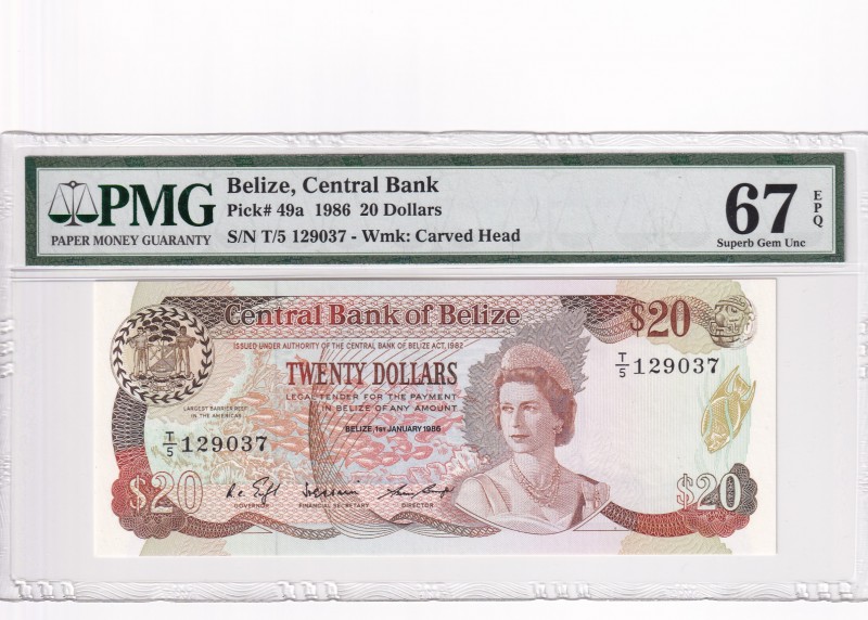 Belize, 20 Dollars, 1986, UNC,p49a, High Conidition
PMG 67 EPQ
Serial Number: ...