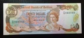 Belize, 20 Dollars, 1987, UNC,p49b

Serial Number: T/8 245705
Estimate: 300 - 600 USD
