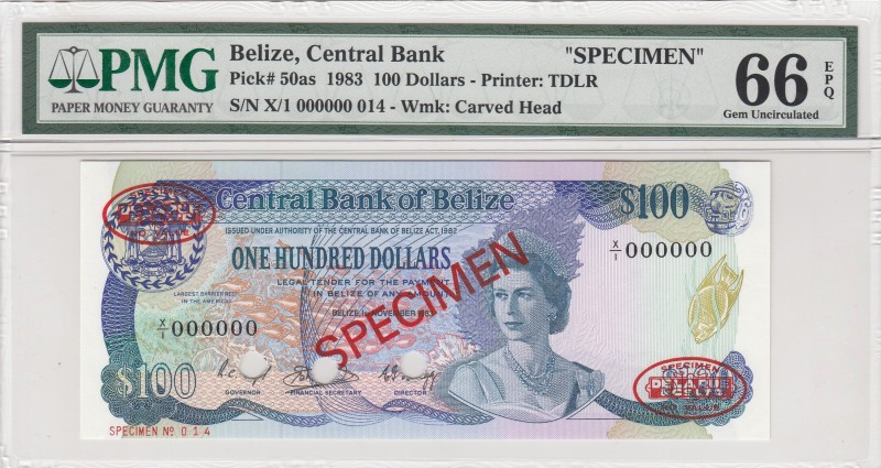 Belize, 100 Dollars, 1983, UNC,p50as, SPECİMEN
PMG 66 EPQ
Serial Number: X/1 0...