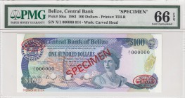 Belize, 100 Dollars, 1983, UNC,p50as, SPECİMEN
PMG 66 EPQ
Serial Number: X/1 000000
Estimate: 750 - 1500 USD