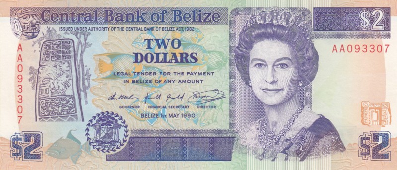 Belize, 2 Dollars, 1990, UNC,p52a

Serial Number: AA 093307
Estimate: 15 - 30...