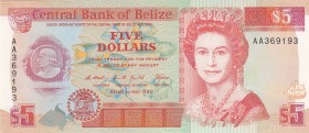 Belize, 5 Dollars, 1990, UNC,p53a

Serial Number: AA 369193
Estimate: 75 - 150 USD