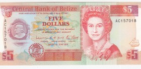 Belize, 5 Dollars, 1991, UNC,p53b
Portrait of Queen Elizabeth II
Serial Number: AC 157018
Estimate: 35 - 70 USD