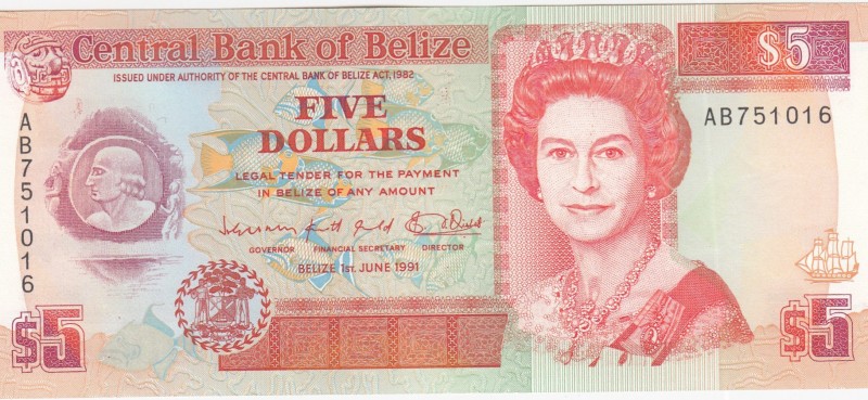 Belize, 5 Dollars, 1991, AUNC,p53b
Portrait of Queen Elizabeth II
Serial Numbe...