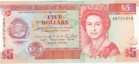 Belize, 5 Dollars, 1991, AUNC,p53b
Portrait of Queen Elizabeth II
Serial Number: AB 751016
Estimate: 25 - 50 USD