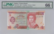 Belize, 5 Dollars, 2011, UNC,p67e
PMG 66 EPQ, Portrait of Queen Elizabeth II
Serial Number: DS 100175
Estimate: 50 - 100 USD
