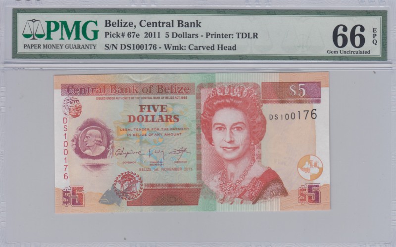 Belize, 5 Dollars, 2011, UNC,p67e
PMG 66 EPQ, Portrait of Queen Elizabeth II
S...