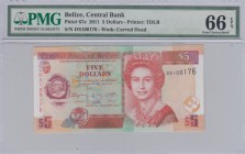 Belize, 5 Dollars, 2011, UNC,p67e
PMG 66 EPQ, Portrait of Queen Elizabeth II
Serial Number: DS100176
Estimate: 40 - 80 USD