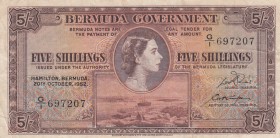 Bermuda, 5 Shillings, 1952, VF,p18a
Queen II.Elizabeth potrait 
Serial Number: G/1 697207
Estimate: 90 - 180 USD
