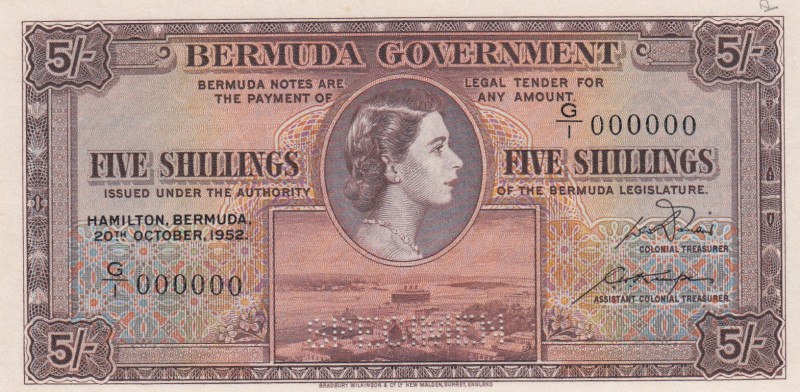 Bermuda, 5 Shillings, 1952, UNC,18as, SPECİMEN

Serial Number: G/1 000000
Est...