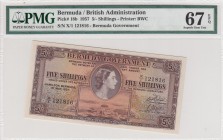 Bermuda, 5 Shillings, 1957, UNC,p18b
PMG 67 EPQ, Portrait of Queen Elizabeth II
Serial Number: X/1 121816
Estimate: 300 - 600 USD