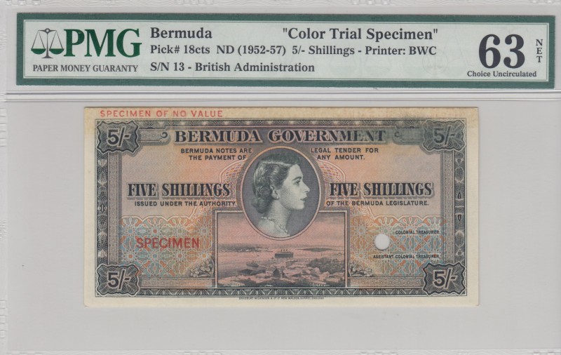 Bermuda, 5 Shillings, 1952, UNC,p18cts, COLOR TRİAL SPECİMEN
PMG 63 NET

Esti...