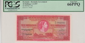 Bermuda, 10 Shillings, 1957, UNC,p19b
PCGS 66 PPQ,Portrait of Queen Elizabeth II
Serial Number: T/1 784686
Estimate: 200 - 400 USD