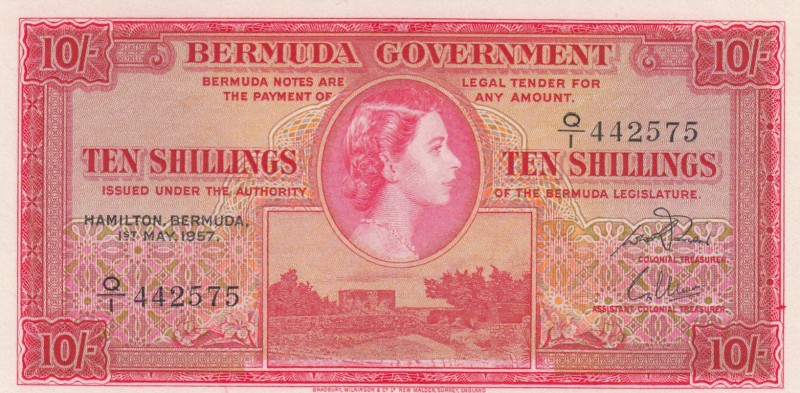 Bermuda, 10 Shillings, 1957, UNC,p19b

Serial Number: Q/1 442575
Estimate: 25...