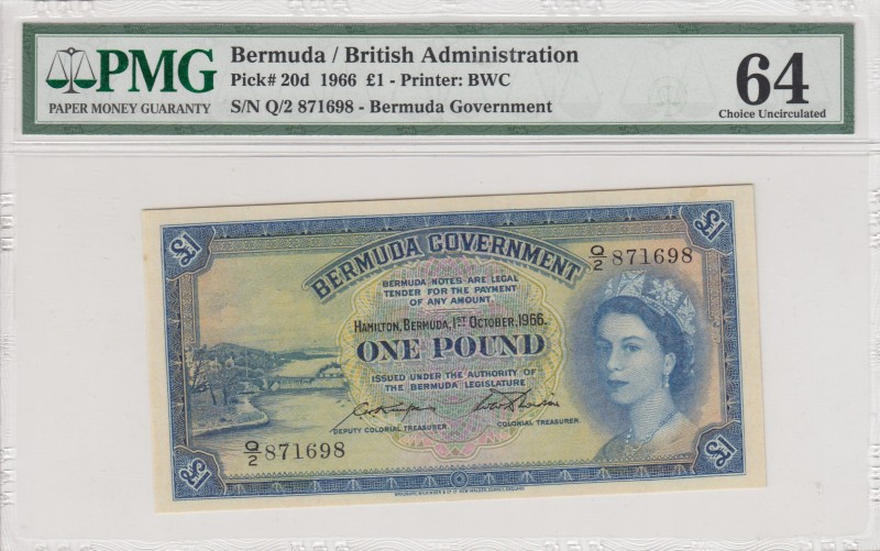 Bermuda, 1 Pound, 1966, UNC,p20d
PMG 64, Portrait of Queen Elizabeth II
Serial...