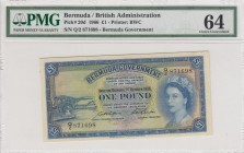 Bermuda, 1 Pound, 1966, UNC,p20d
PMG 64, Portrait of Queen Elizabeth II
Serial Number: Q/2 871698
Estimate: 250 - 500 USD