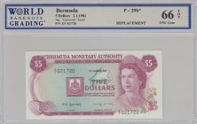 Bermuda, 5 Dollars, 1981, UNC,p29b, REPLACEMENT
WBG 66 TOP
Serial Number: Z/1 021720
Estimate: 150 - 300 USD