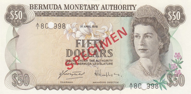 Bermuda, 50 Dollars, 1978, UNC,p32b
Queen II.Elizabeth potrait 
Serial Number:...