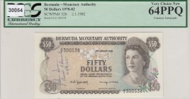 Bermuda, 50 Dollars, 1982, UNC,p32b, Low serial number
PCGS 64 PPQ, There is a special signature with handwriting on the banknote
Serial Number: A/2...