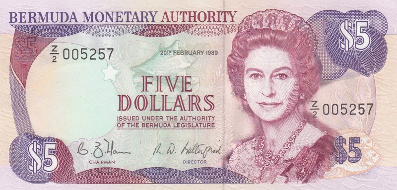 Bermuda, 5 Dollars, 1989, UNC,p35ar, REPLACEMENT

Serial Number: Z/2 005257
E...